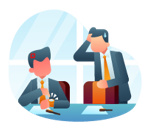 apinillos abogado especialista en sanciones a trabajadores o laborales, imagen en la que sale un jefe con una mano en la cabeza y el empleado sentado