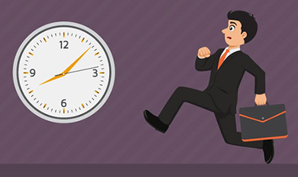 apinillos abogado especialista en sanciones a trabajadores o laborales, imagen con un trabajador corriendo y un reloj marcando las ocho y siete minutos