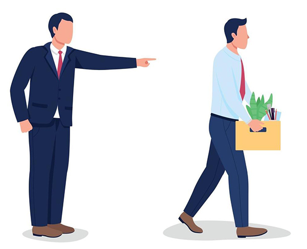 apinillos abogado despidos laborales, imagen con un empleado que se va del trabajo con una caja con sus cosas y el jefe indicándole la salida